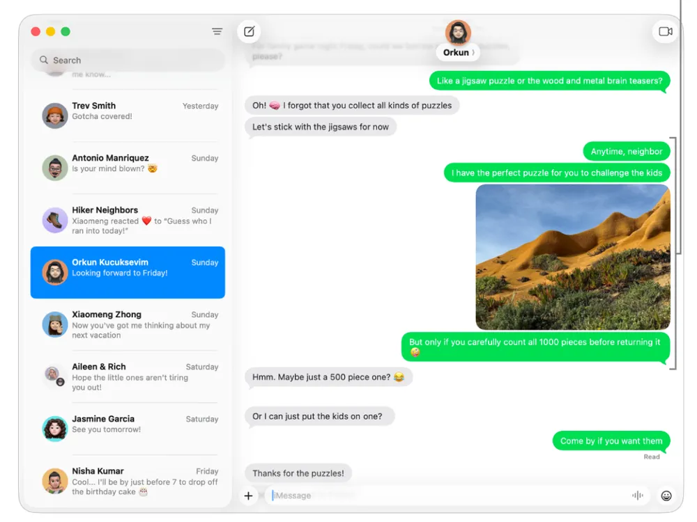 Messages app interface on a Mac displaying conversations