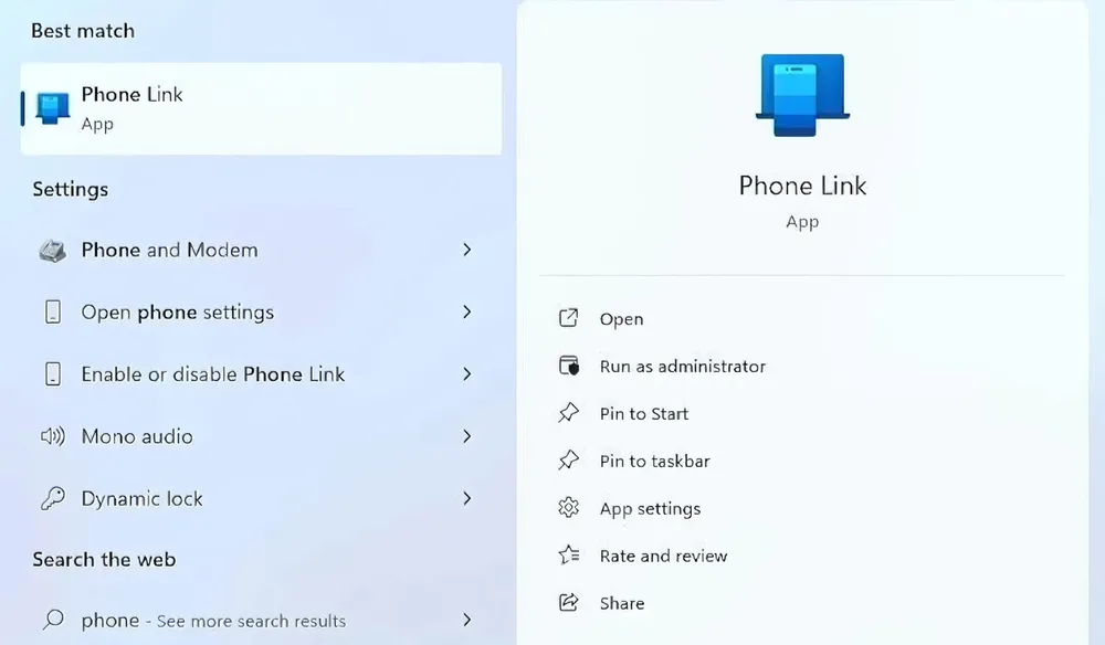 Search results for “Phone Link” in the Windows taskbar
