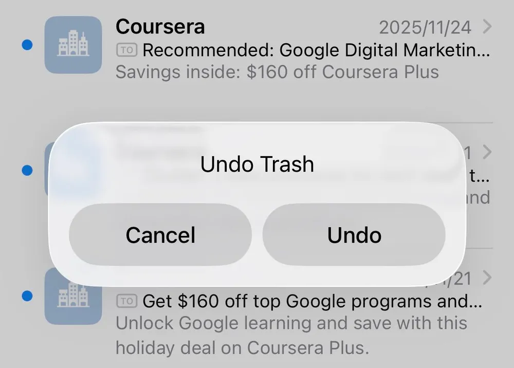 Undo Trash popup in Mail app on iPhone (iOS 26)