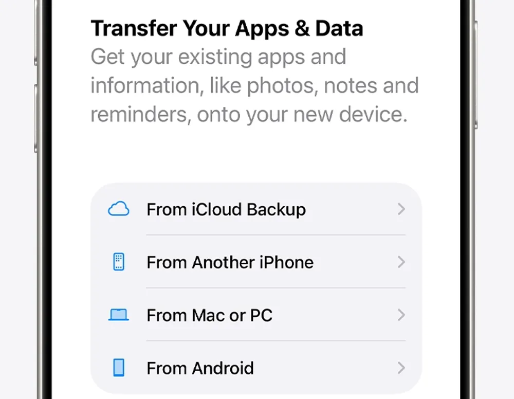 Transfer App & Data Screen in iPhone Setup Process