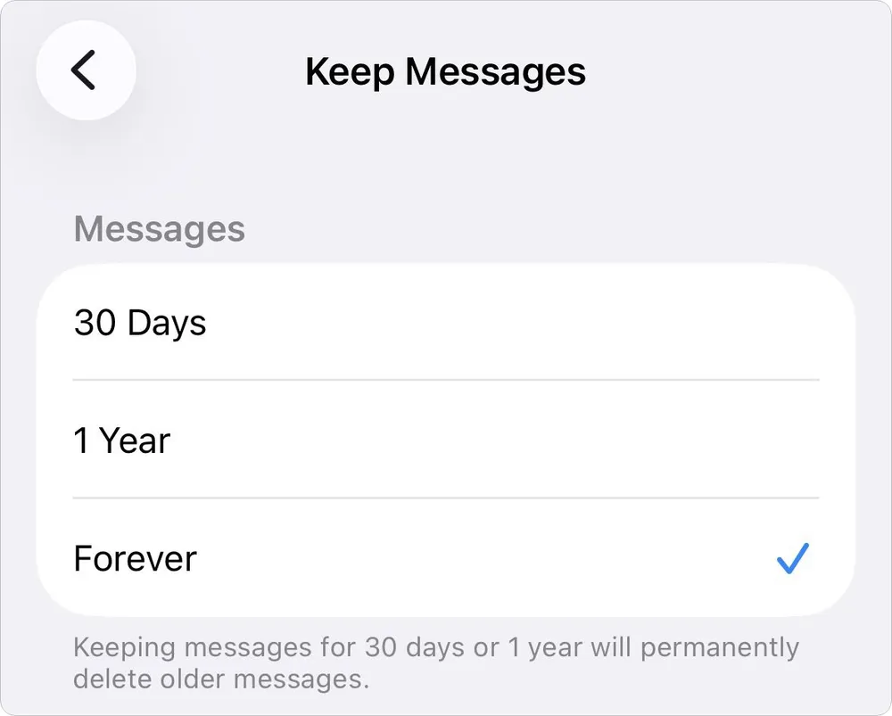 Keep Messages setting on iPhone with Forever option checked