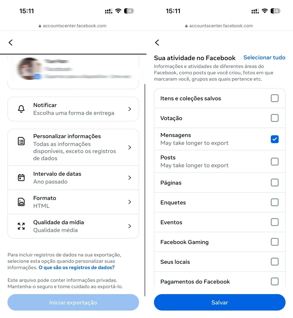 escolha Mensagens e depois exportar informações personalizar-informacao.webp