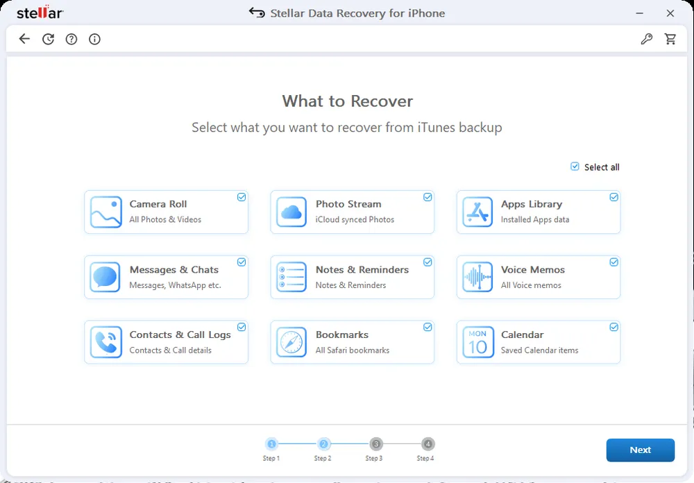 iTunesバックアップから復元モードにおける復元オプション choosing-data-type-in-itunes-recovery-mode-in-stellar-data-recovery-ja.webp
